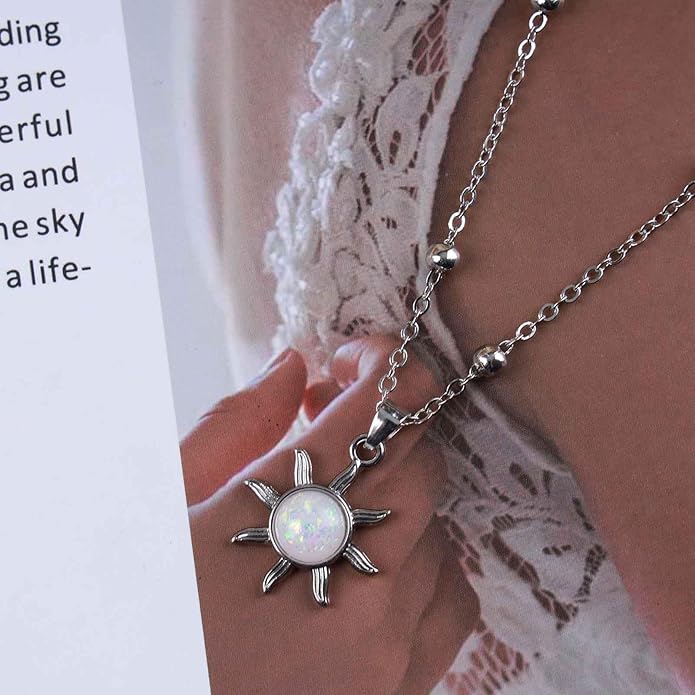 Vintage Opal Crystal Sun Pendent Necklace Opal Sunburst Necklace Moonstone Sun Choker Necklace Gold Ball Chain Necklace Jewelry for Women (Gold)-Velvo Beauty