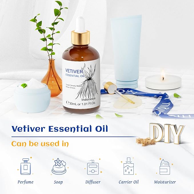 HIQILI 1 Fl Oz Vetiver Essential Oil, 100% Pure Natural for Skin, Candle Making - 30ml-Velvo Beauty