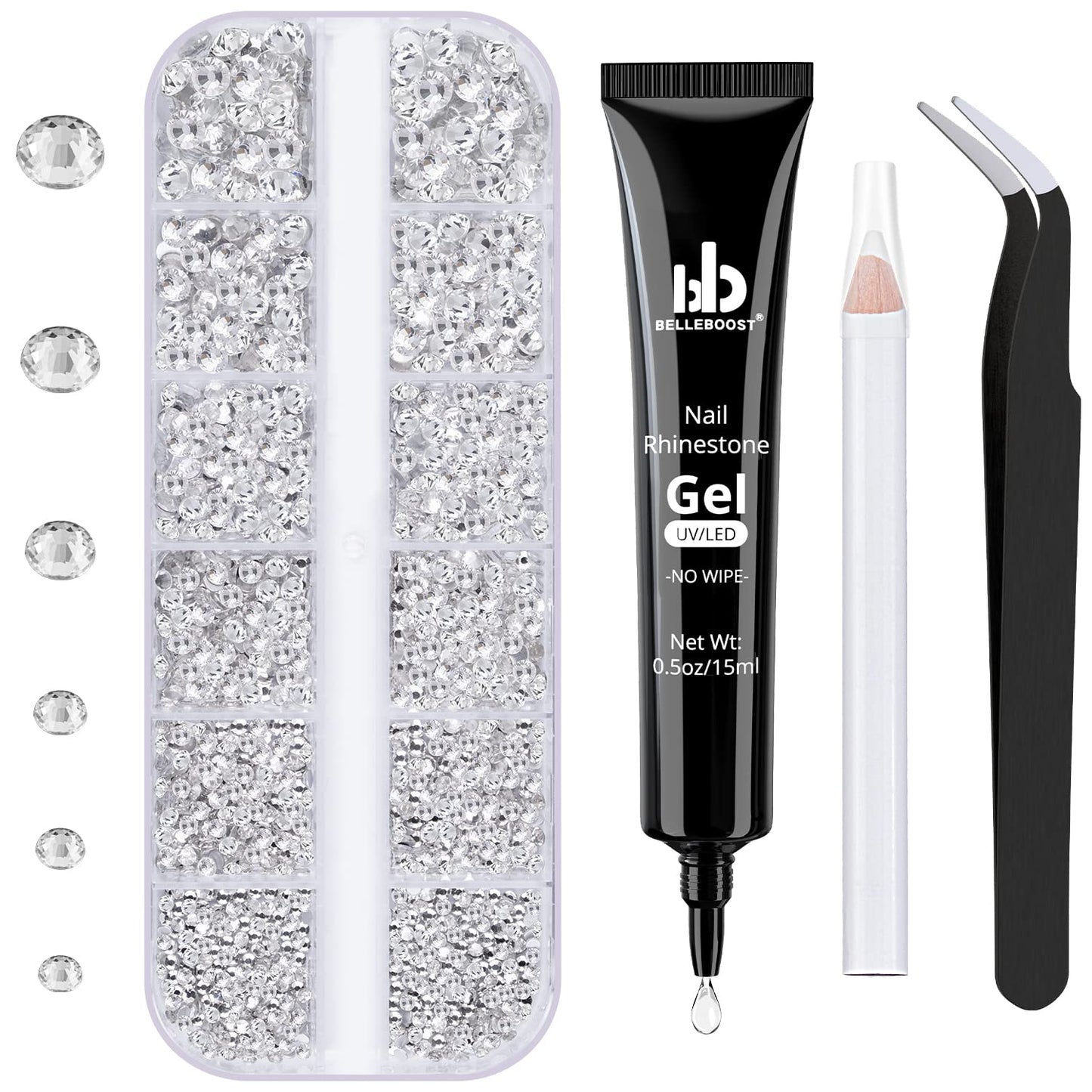 Nail Art Rhinestone Glue Gel&1 Box Flatback Gems Kit, 1 Tube of 15ml Rhinestone Gel Glue(UV/LED Needed)+Round Glass Crystal Clear Gemstones with Pickup Tools-Velvo Beauty