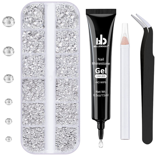 Nail Art Rhinestone Glue Gel&1 Box Flatback Gems Kit, 1 Tube of 15ml Rhinestone Gel Glue(UV/LED Needed)+Round Glass Crystal Clear Gemstones with Pickup Tools-Velvo Beauty