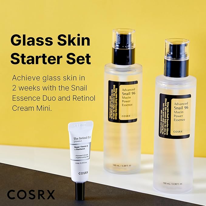 COSRX Glass Skin Korean Skincare Set- Advanced 96% Snail Mucin Serum (3.38fl oz * 2pcs) & Mini Sized 0.1% Retinol Cream for Face (0.1oz)- Korean Skin Care Gift Set, Anti Aging Set-Velvo Beauty