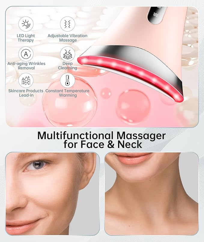 7 Color Light Therapy Facial Massager with Adjustable Vibration and Thermals for Wrinkles, Double Chin, Red Light Skin Care Tool with Base, Pink-Velvo Beauty