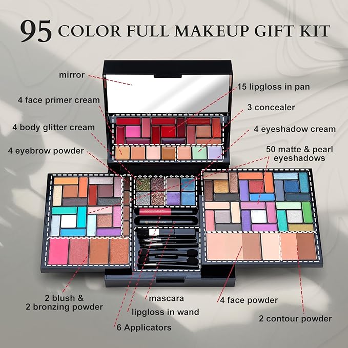 Color Nymph Makeup Kit For Women With Mirror, Full Makeup Gift Set 95 Colors Includes 50 Matte & Pearl Eyeshadow Palettes And Lipgloss Face Powder Bronzes Blushes Applicators-Velvo Beauty