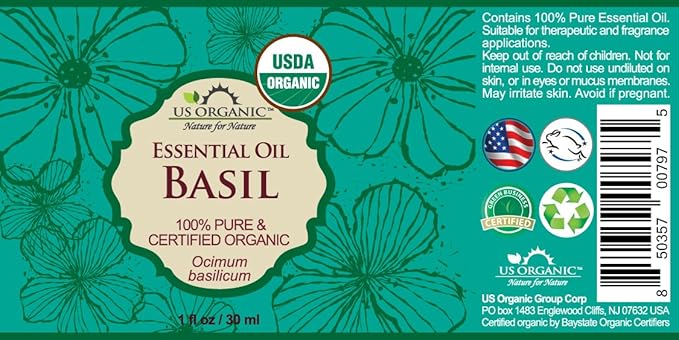 US Organic 100% Pure Basil Essential Oil - USDA Certified Organic, Steam Distilled W/Euro droppers (More Size Variations Available) (30 ml / 1 fl oz)-Velvo Beauty