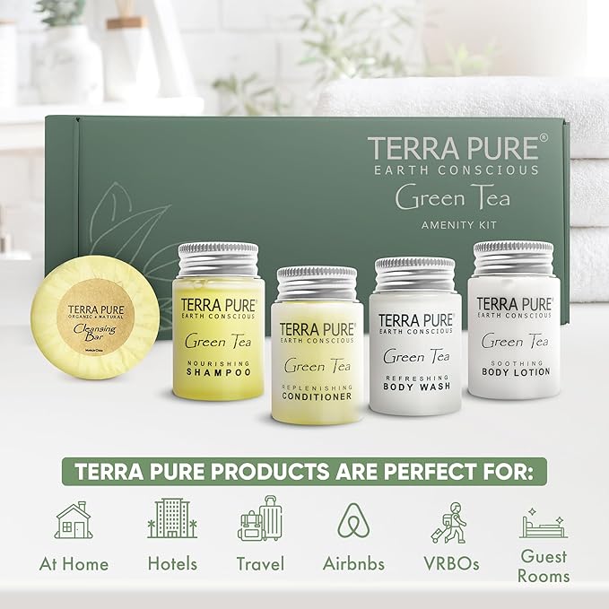 Terra Pure Green Tea Amenity Kit | Boxed Hotel Toiletries | Bulk Set 1oz Travel Size Shampoo, Conditioner, Lotion, Body Wash & Body Bar Soap for Guest Hospitality AirBnB/Vacation Rentals | 1 set/ case-Velvo Beauty
