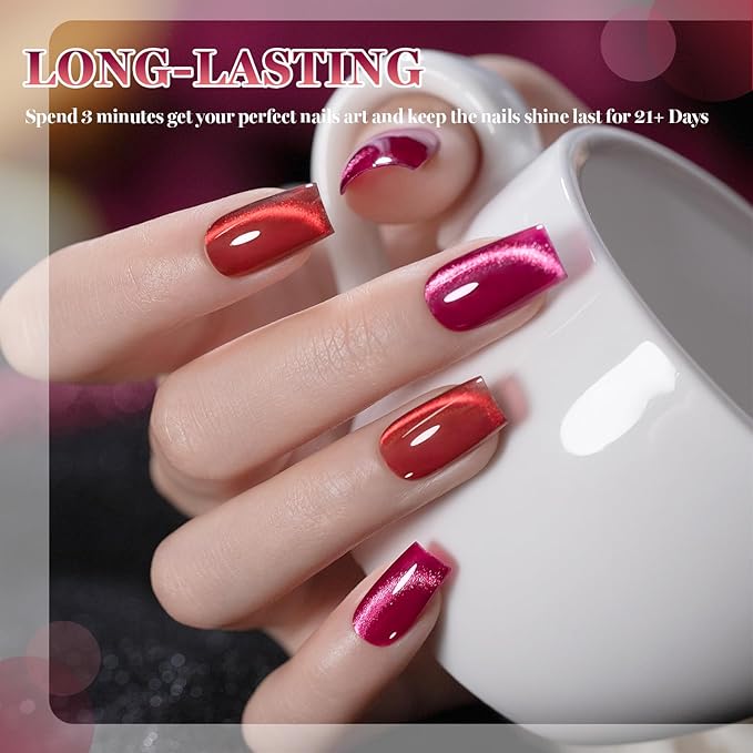 RARJSM Red Cat Eye Gel Nail Polish Set 6 Pcs Smoothie Ceramic Silver White Glitter Shimmer Burgundy Cherry Dark Wine Red Velvet Diamond Cateye Gel Polish with Magnetic Stick Soak off Curing Require-Velvo Beauty