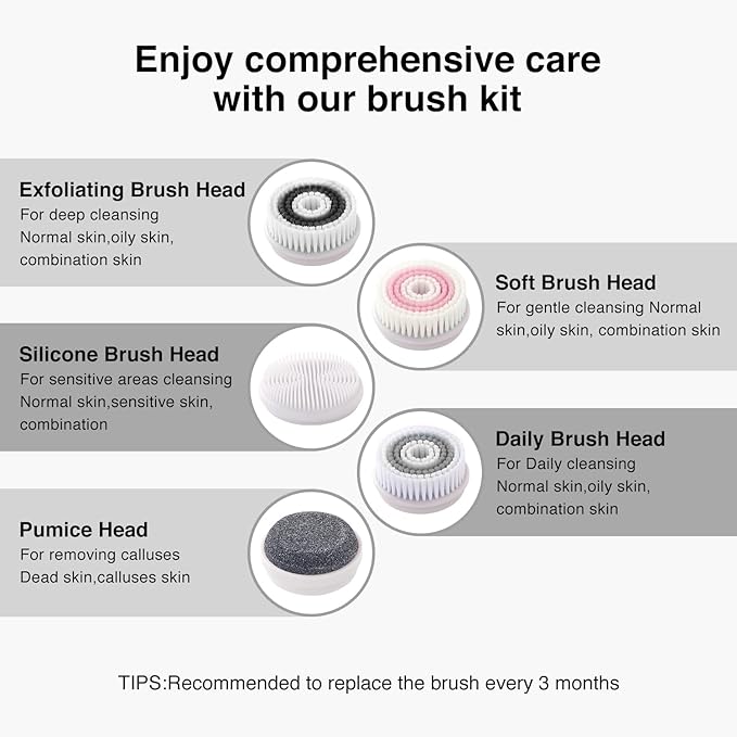 Face Scrubber Exfoliator,Facial Cleansing Brush Rechargeable IPX7 Waterproof with 5 Brush Heads,Electric Face Spin Brush for Exfoliating, Massaging and Deep Cleansing (Black Color)-Velvo Beauty