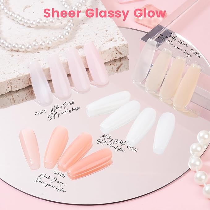 Jelly Gel Nail Polish Kit with U V Light, Hema-Free Milky Jelly White Pink Nude Orange Gel Polish Set with Base & Top Coat Chrome Nail Powder, 4 Colors Mini Salon Nail Art Starter Gift for Women Girl-Velvo Beauty