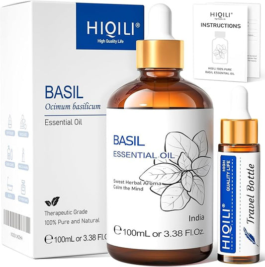 HIQILI Basil Essential Oil, 100% Pure & Natural, Diffuser in Bedroom, Yoga, Mediation for Calming Relaxation Mood, Hair Growth, Body Massage, DIY Sweet Herbal Scented Soap Gifts- 100ML-Velvo Beauty