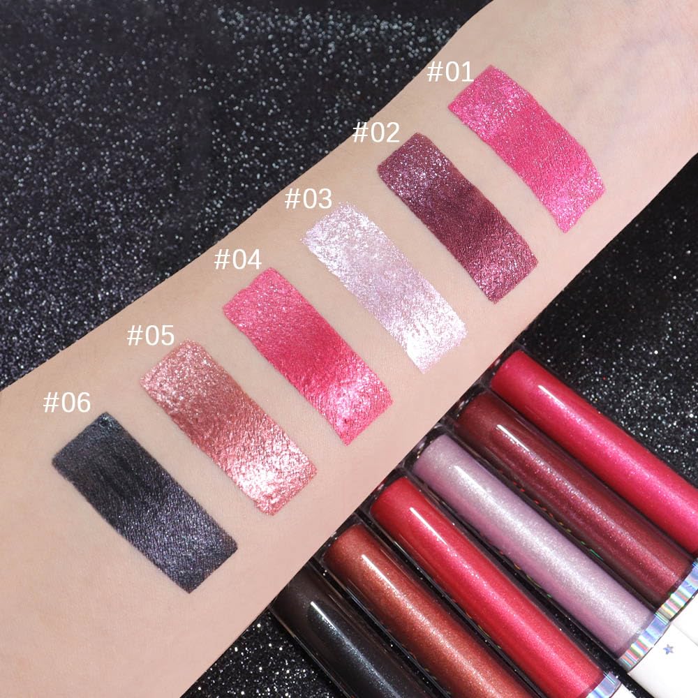 evpct 1Pcs Black Metallic Shimmer Glitter Lip Gloss Liquid Lipstick Long Lasting Waterproof 24, Glitter Pearlescent Metallic Sparkly Liquid Lipsticks Lip Stains Makeup Set for Women 06-Velvo Beauty