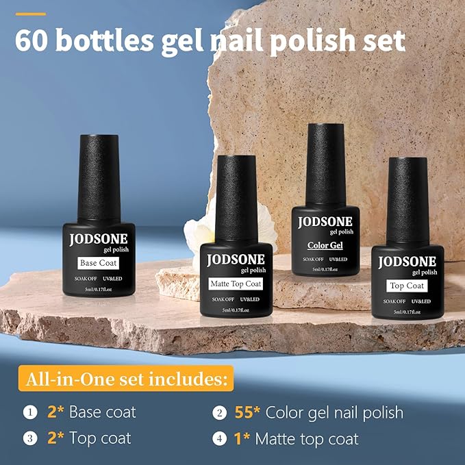 JODSONE 60 PCS Gel Nail Polish Set All Seasons No Wipe Base Coat Matte Glossy Top Coat Nail Gel Polish Kit for Starter Manicure DIY at Home Enjoy Fun-Velvo Beauty