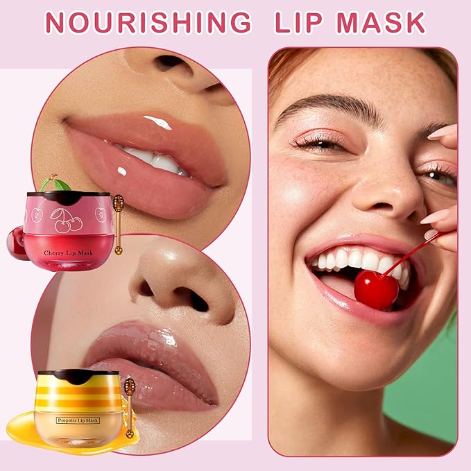 2PCS Bee Lip Balm Honey Pot Cherry Honey Lip Balm Sleeping Lip Mask Silky Hydrating Bee Lip Balm Honey Lip Mask Overnight Lip Care Products(Honey+Cherry)-Velvo Beauty