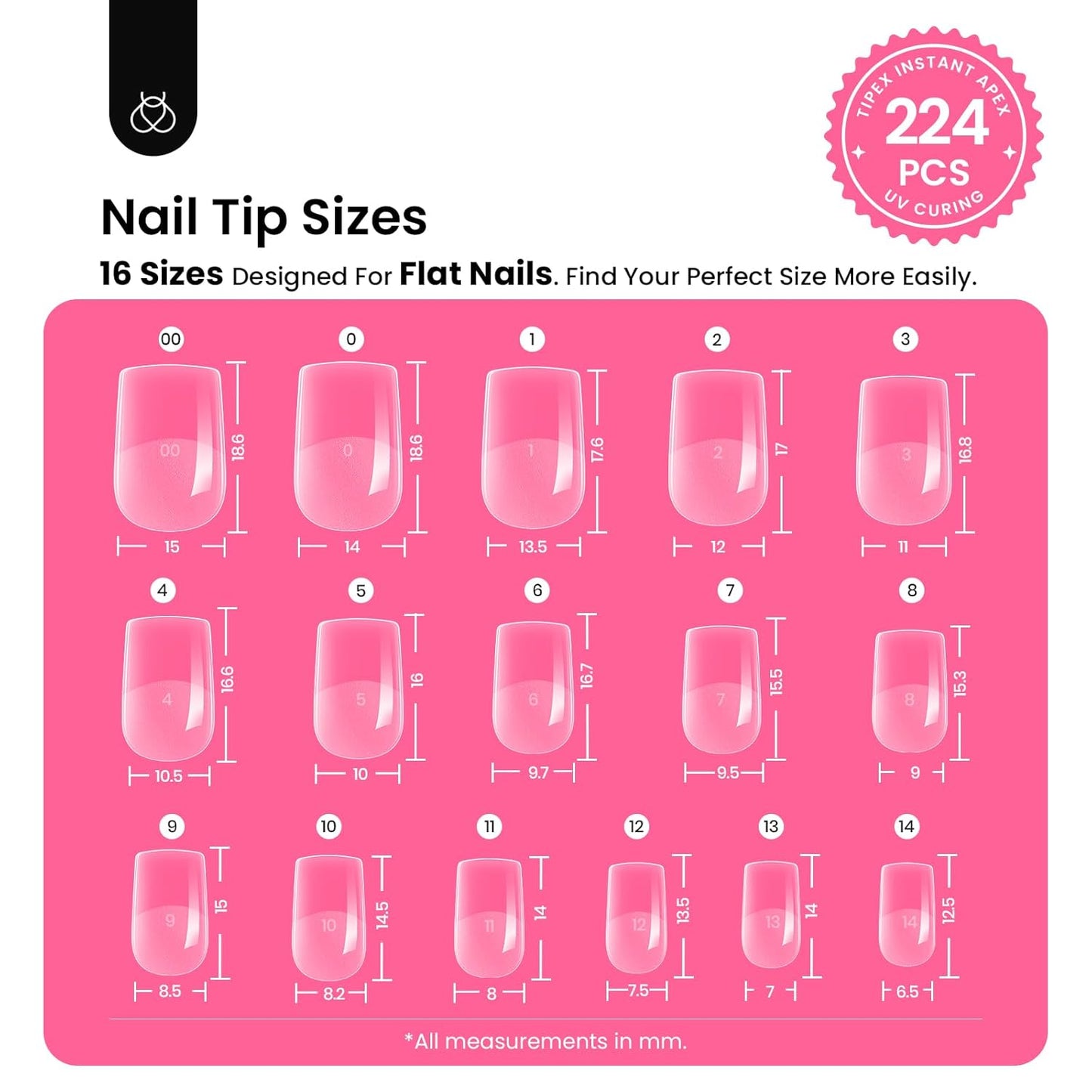 Beetles Tipex Instant Apex Nail Tips Kit, Extra Short Squoval 224Pcs 16 Sizes Pre-Building & Pre-Etched Gel Nail Tips Thicker Acrylic Nails False Nail Extension with Tipex Uv Nail Glue Mini Nail Lamp-Velvo Beauty