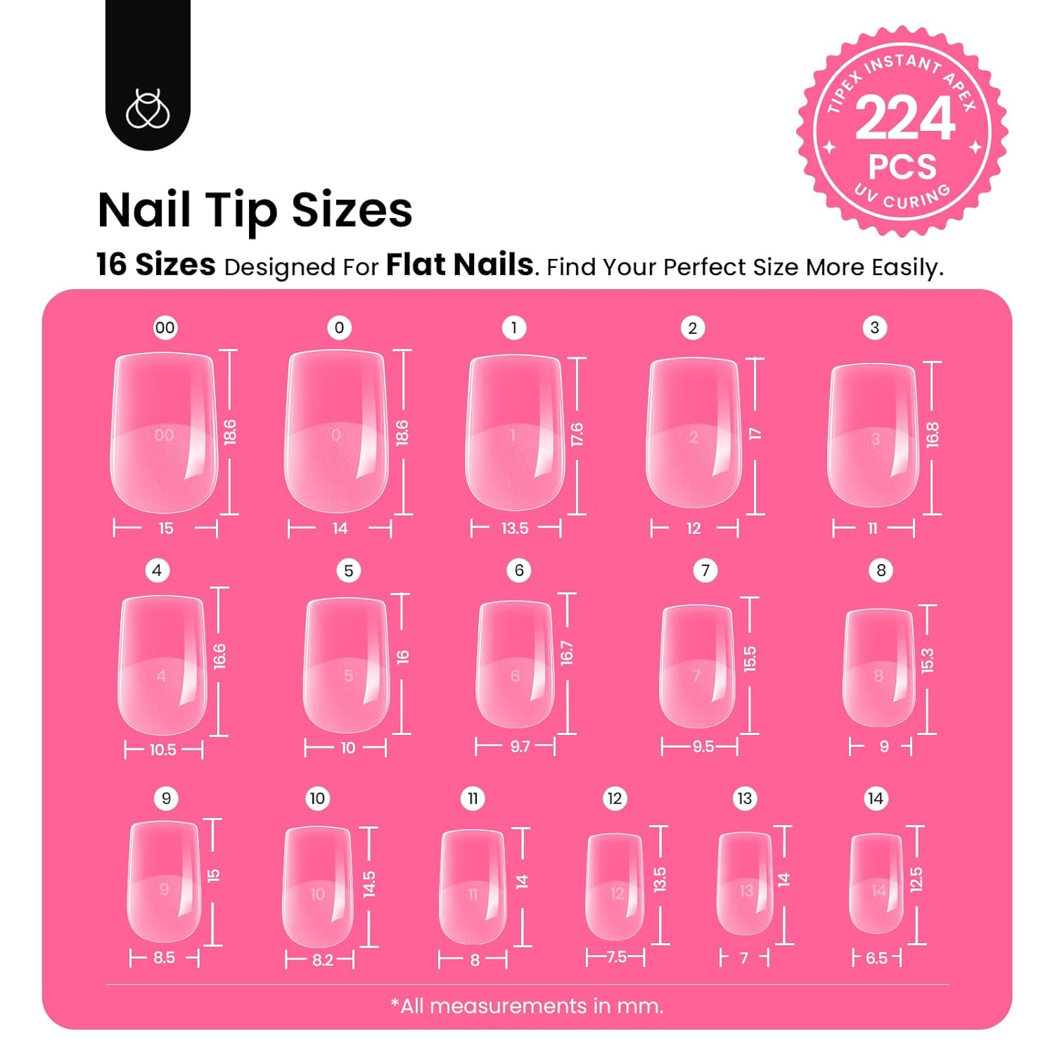 Beetles Tipex Instant Apex Nail Tips Kit, Extra Short Squoval 224Pcs 16 Sizes Pre-Building & Pre-Etched Gel Nail Tips Thicker Acrylic Nails False Nail Extension with Tipex Uv Nail Glue Mini Nail Lamp-Velvo Beauty