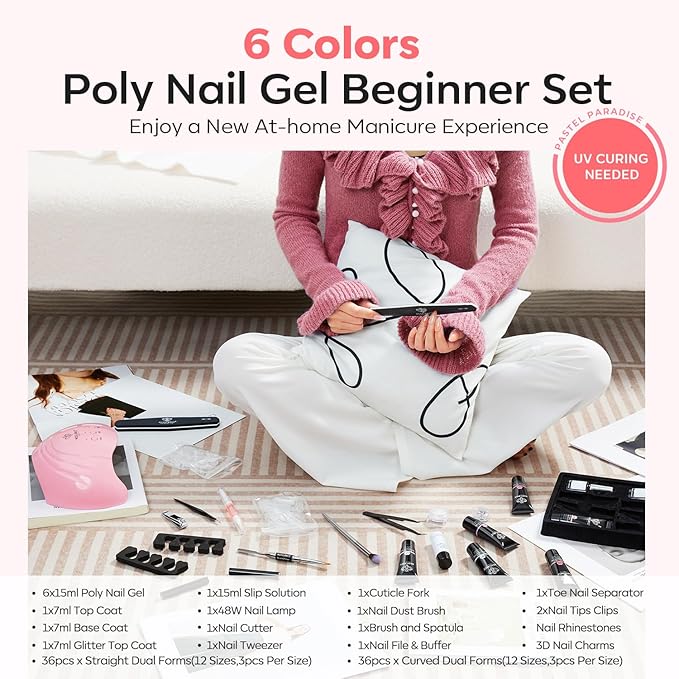 Modelones Poly Extension Gel Nail Kit, 6 Colors Pink Nude with 48W U V/LED Lamp Slip Solution 3D Bow Pearl Charms Decoration Rhinestone Glitter Tools for Manicure Beginner Starter Kit DIY at Home-Velvo Beauty