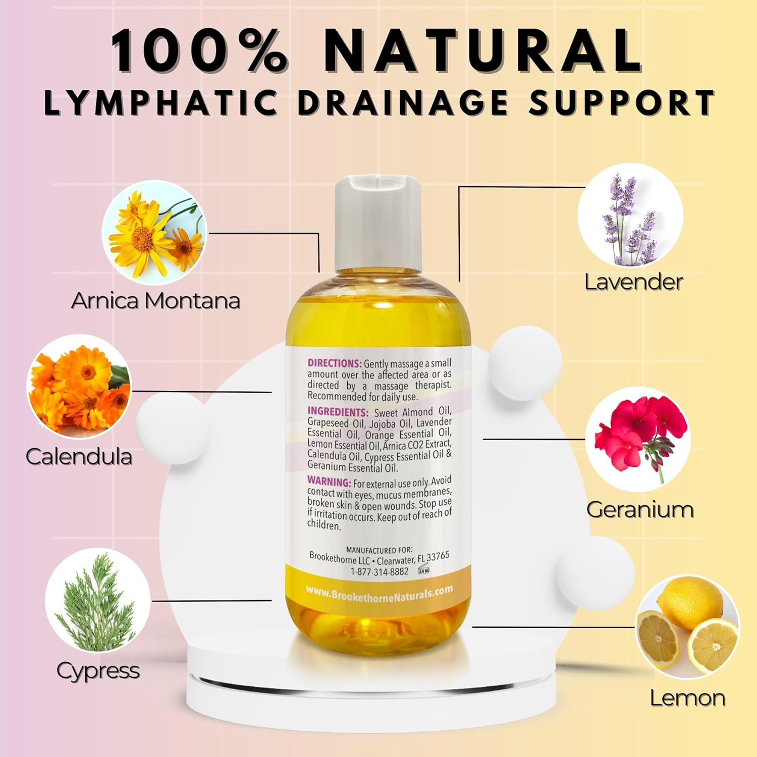 Lymphatic Massage Oil for Massage Therapy & Natural Lymphatic Drainage | Premium Quality with Arnica & Lavender Oil | for Post Surgery Recovery & Detox | 8oz by Brookethorne Naturals-Velvo Beauty