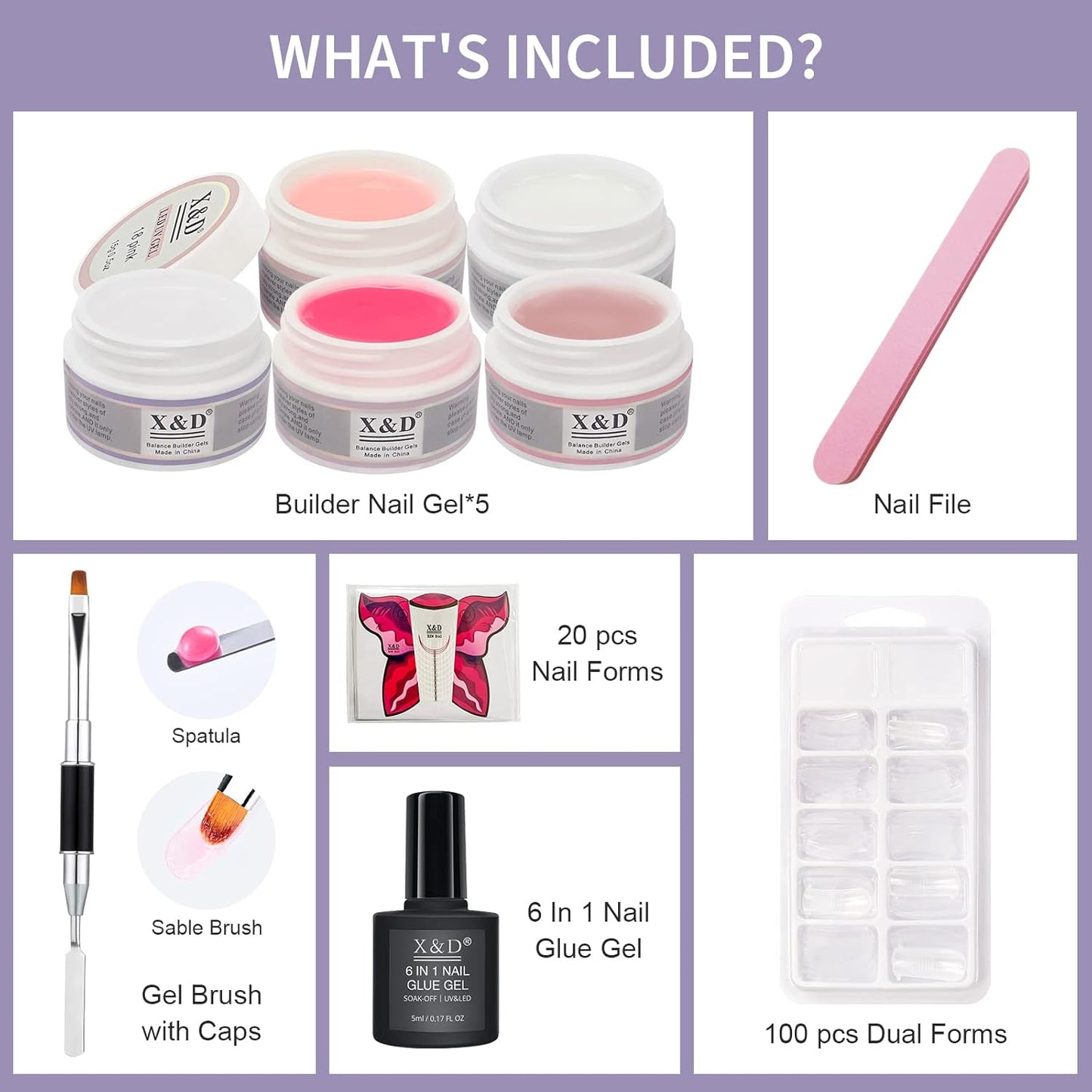 X&D Poly Gel Nail Kit 5 Colors Natural Clear Poly Nail Gel Kit Nail Extension Builder Nail Gel with Nail Glue Gel,Dual Forms, Nail Forms, Brush, File Set-Velvo Beauty
