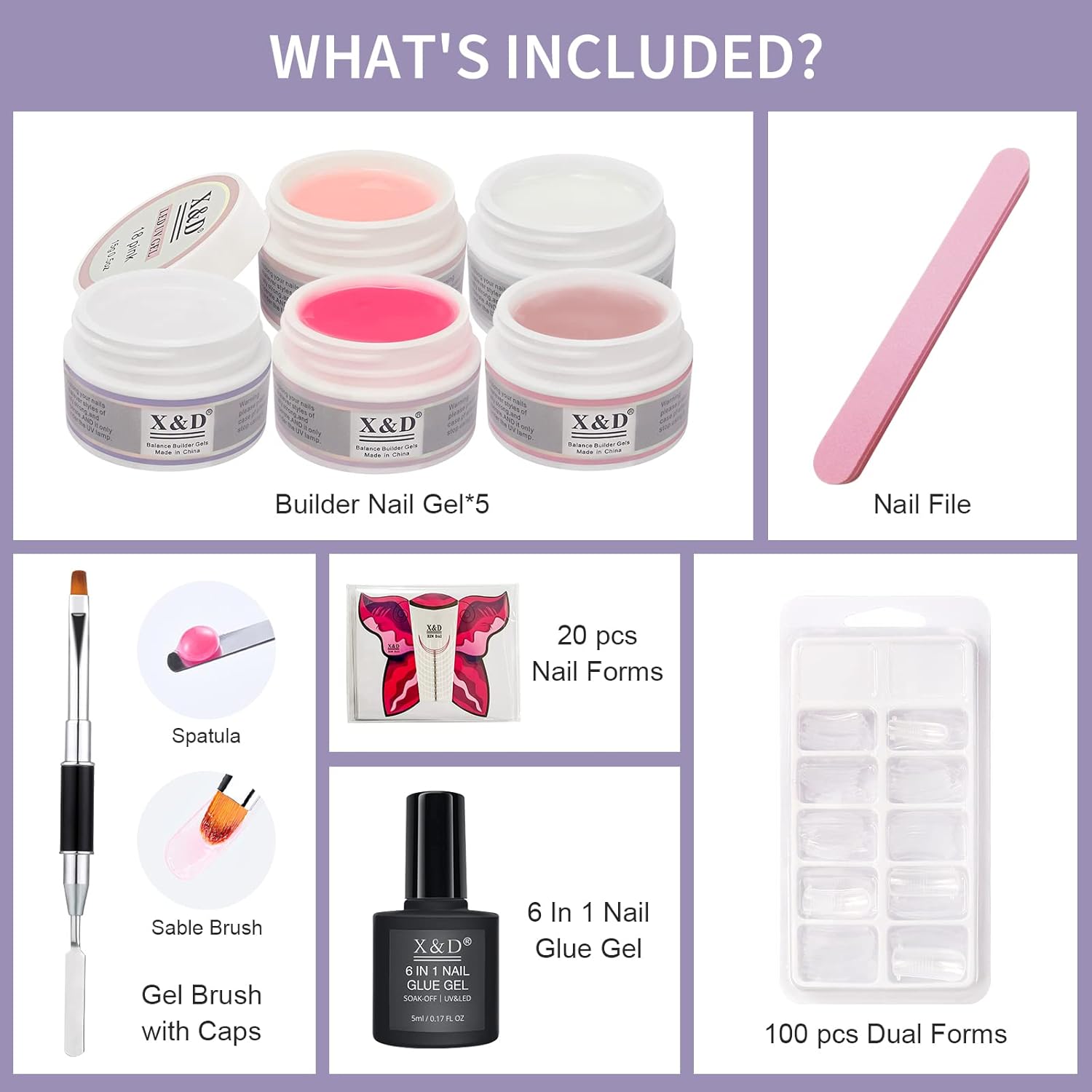 X&D Poly Gel Nail Kit 5 Colors Natural Clear Poly Nail Gel Kit Nail Extension Builder Nail Gel with Nail Glue Gel,Dual Forms, Nail Forms, Brush, File Set-Velvo Beauty