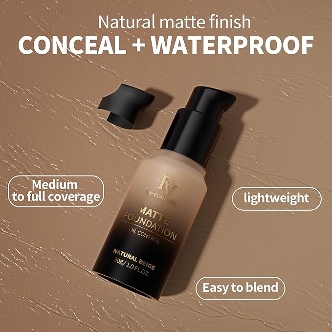 FV Full Coverage Liquid Foundation, Lightweight & Concealing, Long Lasting Matte Foundation Makeup with Flawless Finish, Oil Control Waterproof Foundation for Oily Skin (Natural Beige Matte)-Velvo Beauty