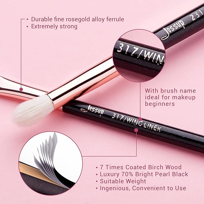 Jessup 15Pcs Professional Makeup Brushes Set Make up Brush Tools kit Eye Liner Shader Wood Handle Natural-synthetic Hair Brushes Pearl Black/Rose Gold T157-Velvo Beauty