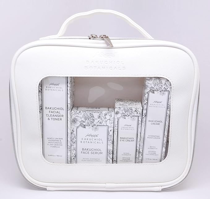 Bakuchol Botanicals Gift Set with Travel Case, Includes Face Serum, Toner & Cleanser All-in-One, Eye Cream, Moisturizer-Velvo Beauty