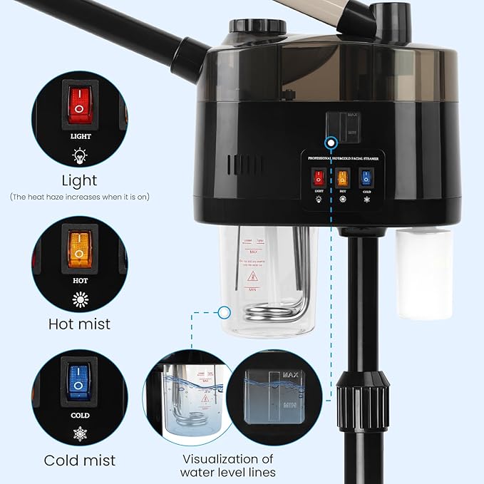 Professional Facial Steamer, Hot&Cold Mist Facial Steamer, Facial Humidifier on Wheels, Esthetician Steamer for Facial Deep Cleaning and Moisturize, Suitable for Spa, Salon and at Home Use-Velvo Beauty