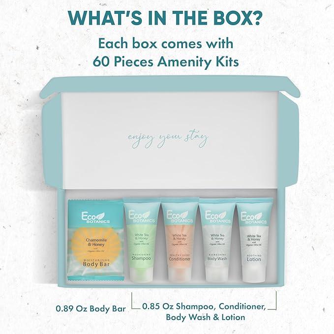 Eco Botanics Amenity Kit | Boxed Hotel Toiletries | Bulk Set .85 oz Travel Size Shampoo, Conditioner, Lotion, Body Wash & Body Bar Soap for Guest Hospitality AirBnB/Vacation Rentals | 60 sets per case-Velvo Beauty