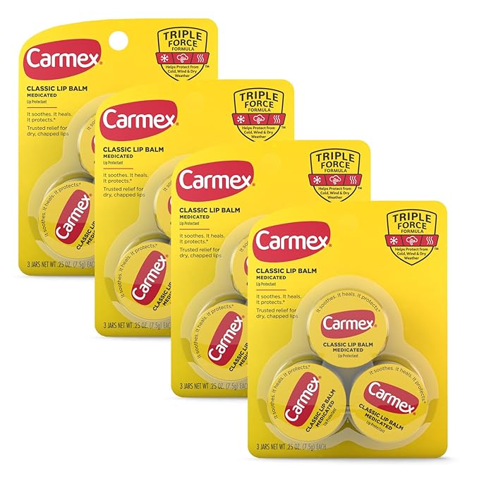 Carmex Medicated Lip Balm Jar, Lip Moisturizer for Dry, Chapped Lips, 0.25 OZ - (4 Packs of 3)-Velvo Beauty