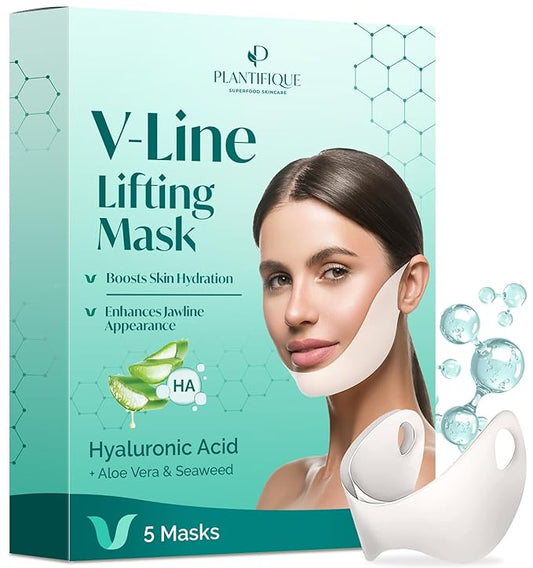 PLANTIFIQUE V-Line Collagen Mask for face 5 PCS | Chin Strap for Women & Men | V Line Lifting Mask with Collagen and Hyaluronic Acid V Shape Face Tape Chin | Skin Firming-Velvo Beauty