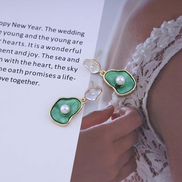 Vintage Lotus leaf Pearl Drop Earrings Green Lotus Leaf Earrings Green Enamel Flower Earrings Gold Irregular Pearl Earrings Jewelry for Women-Velvo Beauty