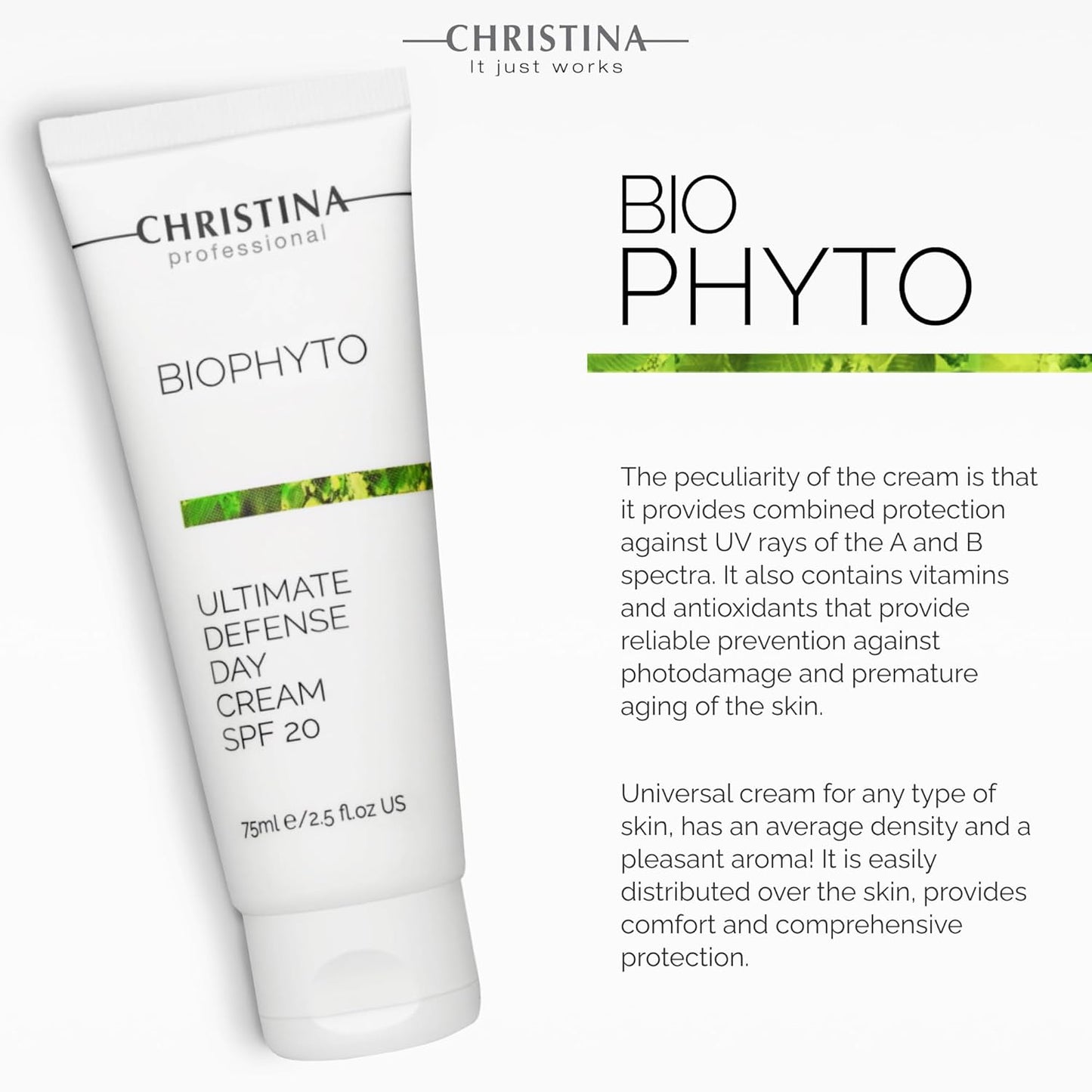 Christina Bio Phyto Ultimate Defense Day Cream Moisturizer with SPF 20-75 ml - Broad Spectrum UVA/UVB Protection Facial Moisturizer with Hyaluronic Acid & Vitamin B12- For Normal & Combination Skin-Velvo Beauty