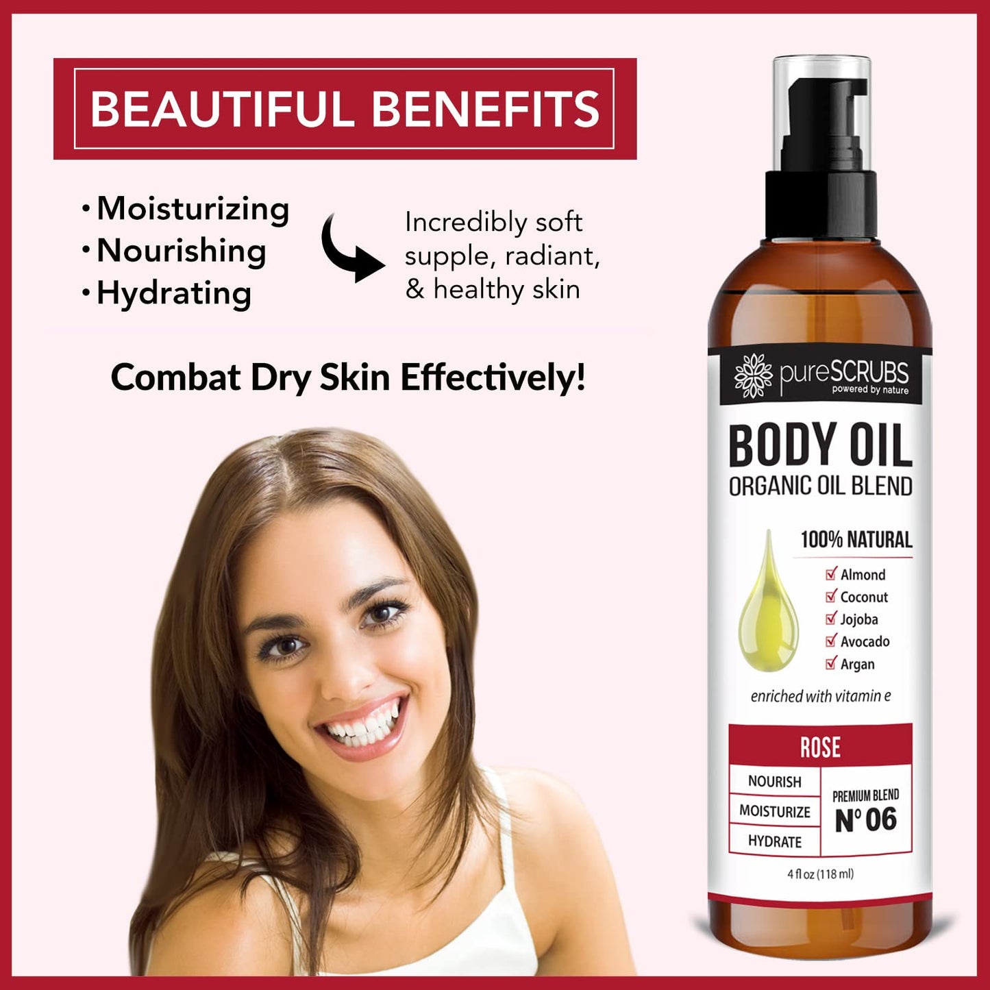 pureSCRUBS Ultra Moisturizing Rose Body Oil Spray for Dry Skin, Massage, Cuticles & More, Organic Super Blend of Jojoba, Argan, Coconut, Sweet Almond & Avocado Oils Enriched with Vitamin E, Lg 4oz-Velvo Beauty