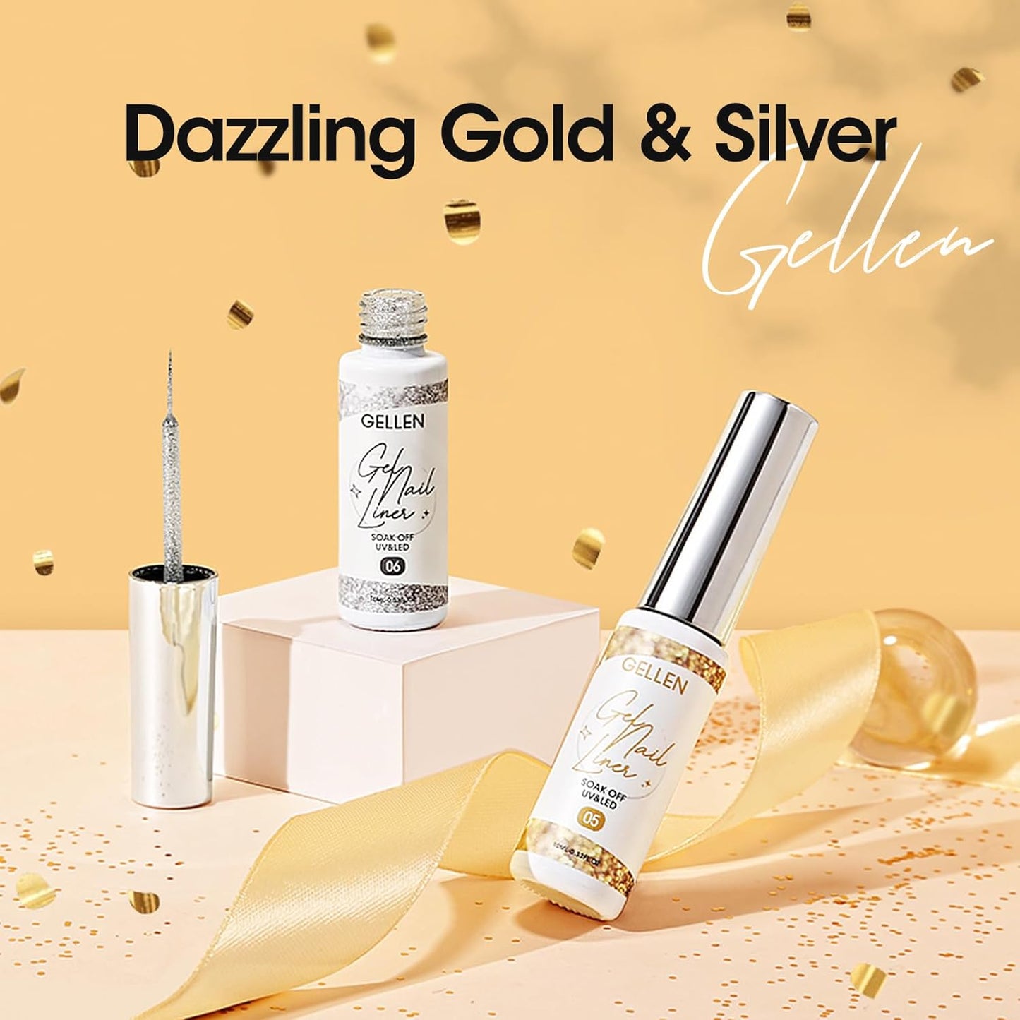 GELLEN Gold Silver Liner Gel Nail Polish, 2Pcs 10ml Soak off Uv Lamp Glitter Nail Art Polish Set with Built Thin Brush, Gel Art Paint for Sparkly Shiny Swirl Nails, Christmas Diy Gift for Women Girls-Velvo Beauty