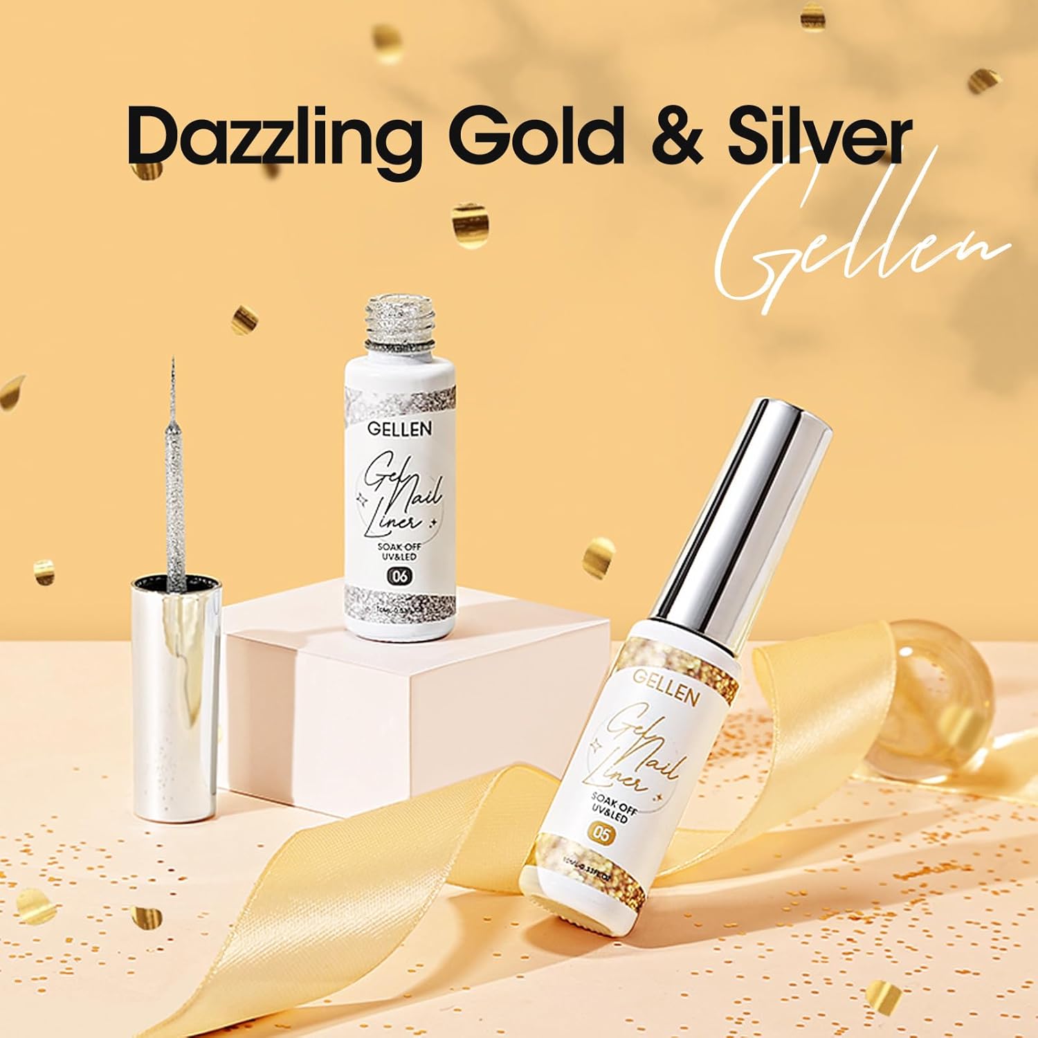 GELLEN Gold Silver Liner Gel Nail Polish, 2Pcs 10ml Soak off Uv Lamp Glitter Nail Art Polish Set with Built Thin Brush, Gel Art Paint for Sparkly Shiny Swirl Nails, Christmas Diy Gift for Women Girls-Velvo Beauty