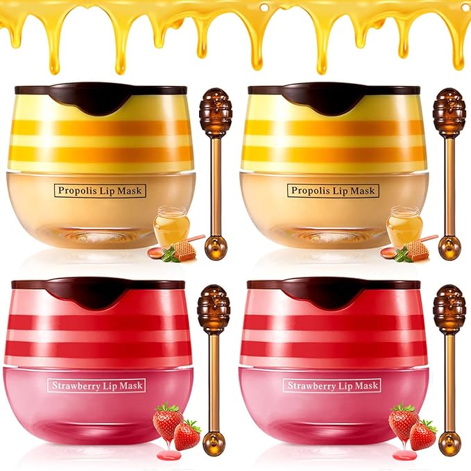 4PCS Strawberry & Honey Lip Balm, Hydrating Lip Propolis Sleeping Lip Mask, Moisturizing & Prevention Dry and Cracked Lip Scrubs Exfoliator, Lip Repair Nourishes the Lip Skin-Velvo Beauty