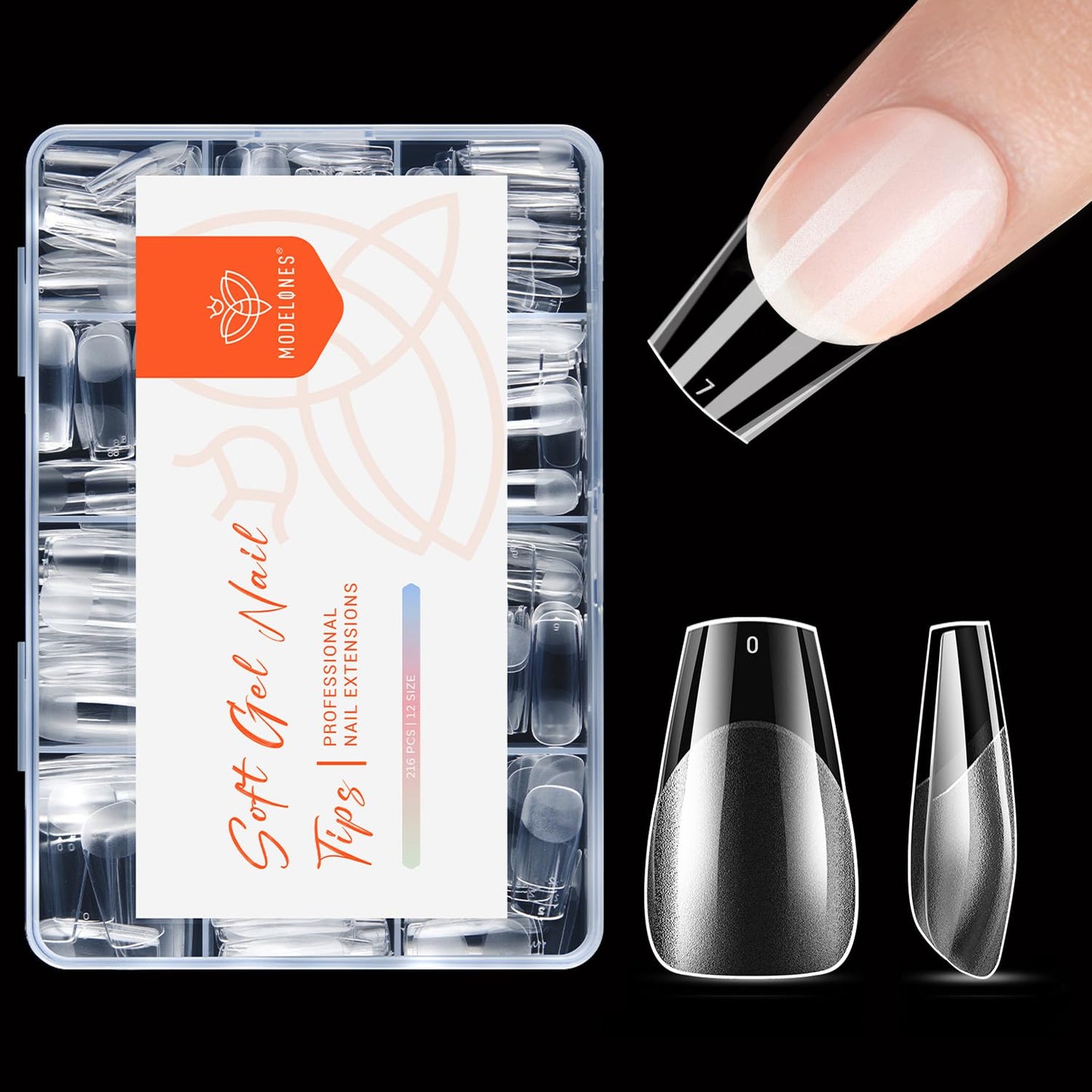 modelones Short Coffin Nail Tips, Pre-shaped Soft Gel Tips Fake Nails False Acrylic Clear Full Cover Press on Extension Kit Gel Manicure DIY at Home 216PCS 12Sizes-Velvo Beauty