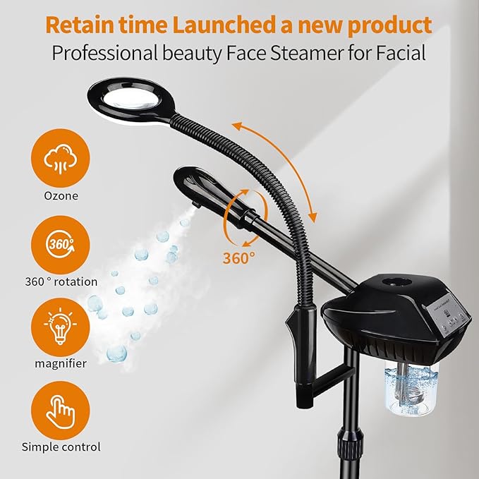 Facial Steamer for Ozone Humidifier Atomizer Attach 5× Magnifier and Light, Professional Face Steamer Clean Skin Firming Pores and Moisturizing Suitable for a Beauty, Spa, at Home-Velvo Beauty