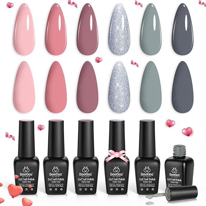 Beetles Gel Nail Polish Set 6 Colors Pink Nude Gray Glitter Gel Polish Wedding Nail Polish Bridesmaid Nail Art Design Soak Off Uv LED Lamp Needed Manicure Set Gifts for Women Bridesmaid Beauty-Velvo Beauty