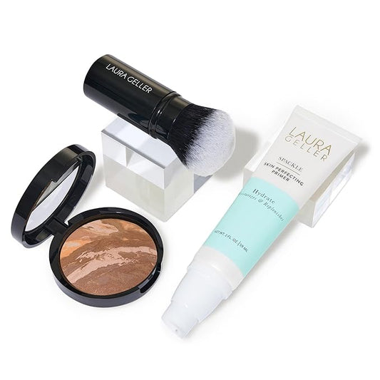 LAURA GELLER NEW YORK Laura's Must-Haves Kit 3pc: Baked Balance-n-Brighten Powder Foundation, Tan + Spackle Skin Perfecting Makeup Primer, Hydrate + Airbrush Round Kabuki Brush-Velvo Beauty