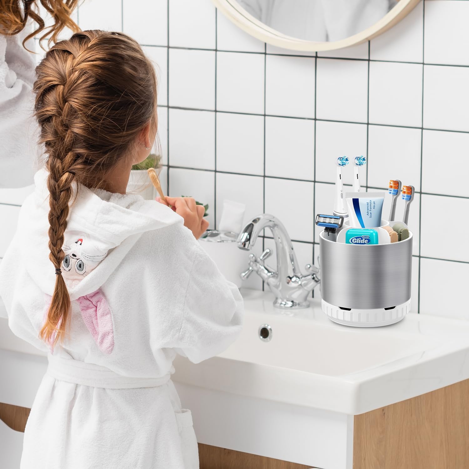 Silver Toothbrush Holders for Bathrooms Countertop Organizer - Kids Electric Toothbrush and Toothpaste Holder Rotating Tooth Brush Organization Bathroom Sink Accessories Storage Caddy-Velvo Beauty