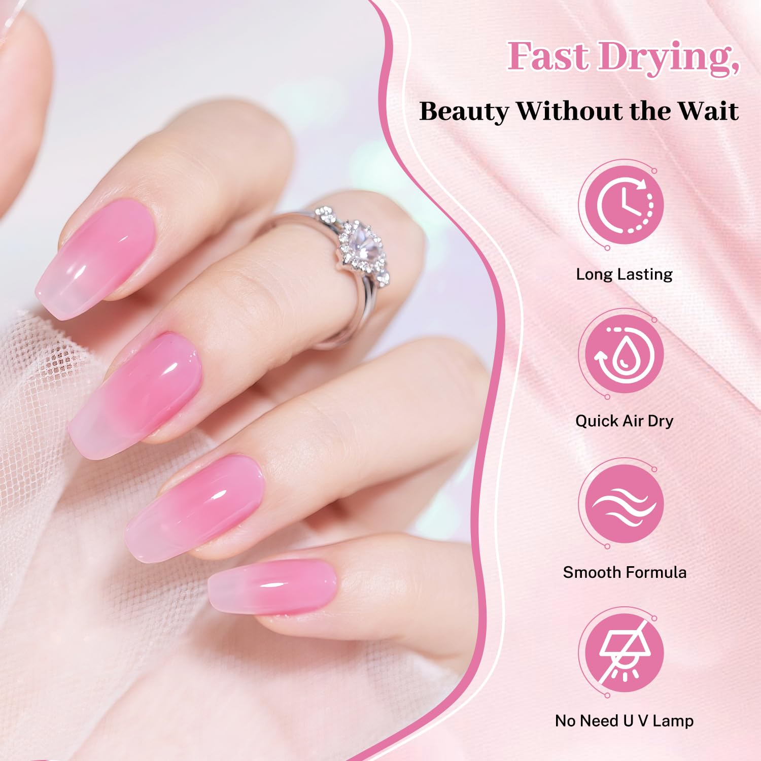16.5ml Jelly Sheer Pink Nail Polish Large Volume Quick Dry Hot Pink Nail Polish, Long Lasting Shine, Fingernail Toenail Nail Art DIY Home Travel Nail Art Gift-Velvo Beauty