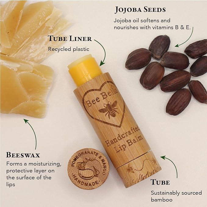 Bee Bella Lip Balm, Pomegranate Mango, 3 Pack - Moisturizing Lip Care, 100% Natural, Original Organic Beeswax with Vitamin E, Handmade in USA-Velvo Beauty