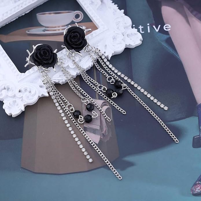 Punk Black Rose Flower Earring Long Rhinestone Chain Drop Earrings Silver Cz Tassel Chain Earrings Black Rose Flower Ear Cuff Earring Jewelry for Women-Velvo Beauty