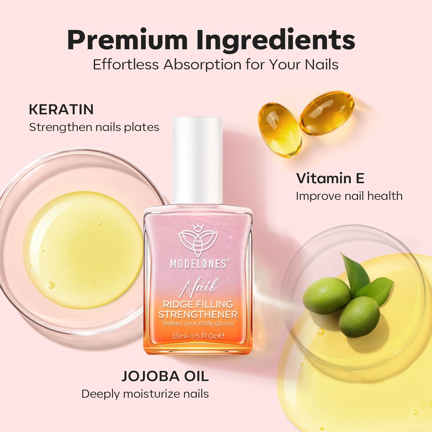 modelones Nail Strengthener Glitter Pink Nail Polish Nail Repair for Damaged Nails Hardener and Growth Polish Nail Care15ml-Velvo Beauty