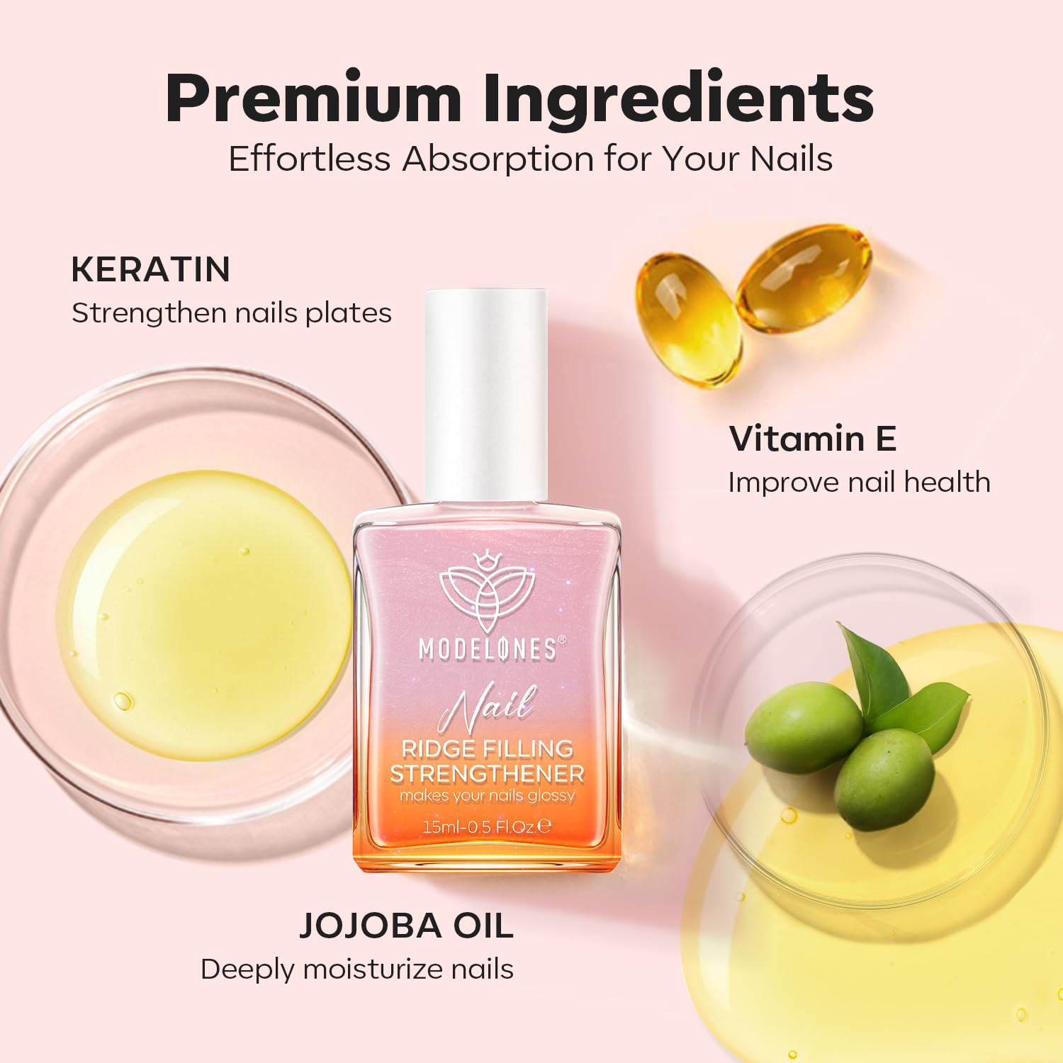 modelones Nail Strengthener Glitter Pink Nail Polish Nail Repair for Damaged Nails Hardener and Growth Polish Nail Care15ml-Velvo Beauty