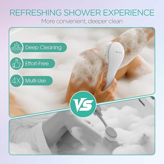 VOYOR Electric Body Brush Back Scrubber for Shower Rechargeable Exfoliating Bath Brush Powered Shower Brush with Non-Slip Long Handle Deep Cleansing, Exfoliation, Massaging Spin Brush BC100 (Gery)-Velvo Beauty