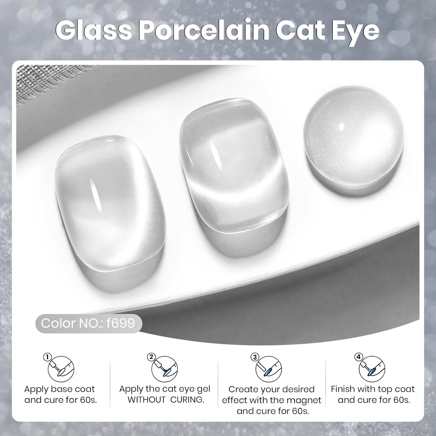 Beetles Silver Cat Eye Gel Polish, 15ML Silver Glass Cat Eye Glitter Gel Polish with Magnet Shimmer Translucent Sheer Color Soak Off UV Lunar Gleam Series French Nail Art Gift for Women-Velvo Beauty