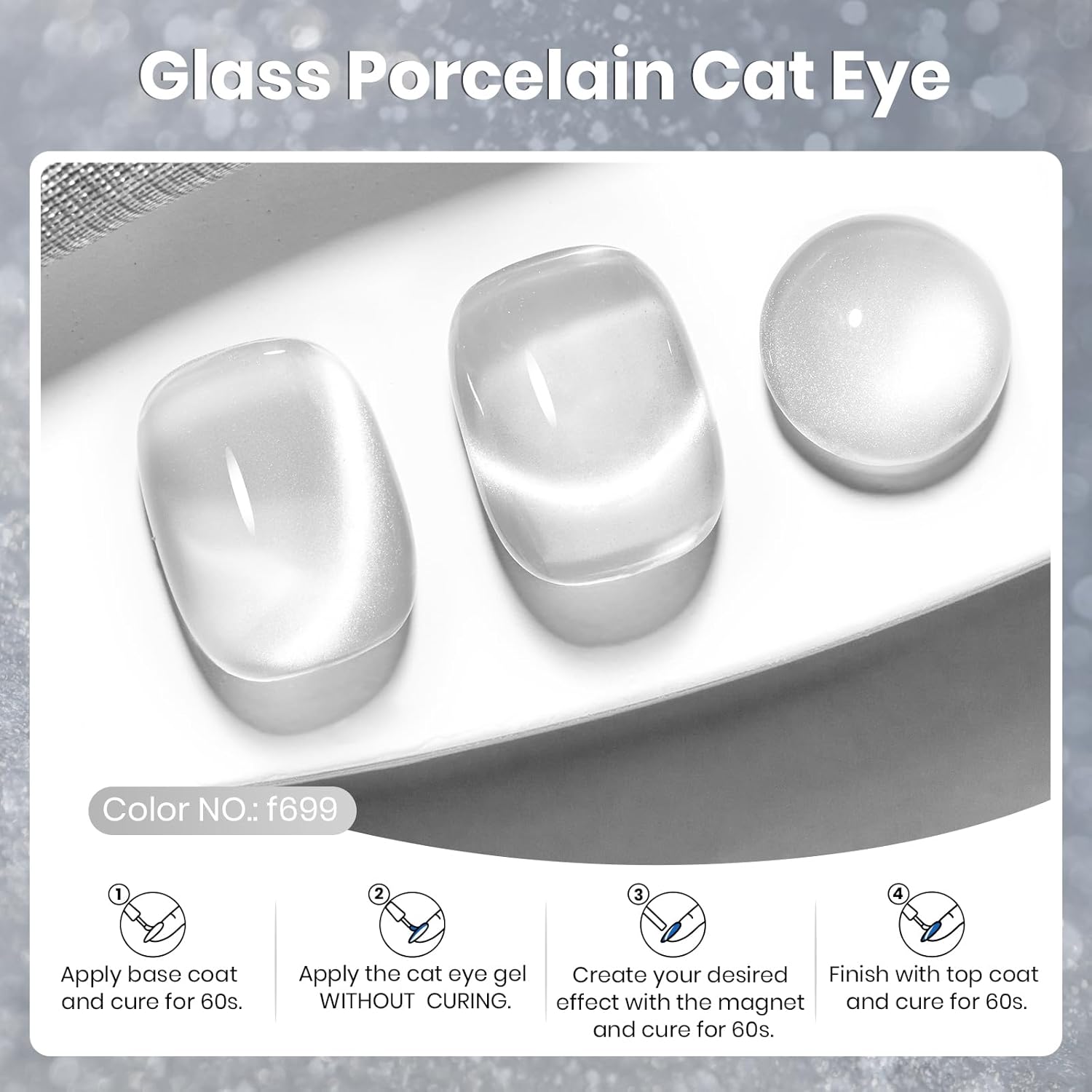 Beetles Silver Cat Eye Gel Polish, 15ML Silver Glass Cat Eye Glitter Gel Polish with Magnet Shimmer Translucent Sheer Color Soak Off UV Lunar Gleam Series French Nail Art Gift for Women-Velvo Beauty