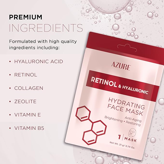Azure Cosmetics Retinol & Hyaluronic Acid Anti Aging Facial Sheet - Rejuvenating & Hydrating Face Mask - Helps Reduce Fine Lines & Wrinkles, Smooths & Repairs - Made in Korea - Pack of 5-Velvo Beauty