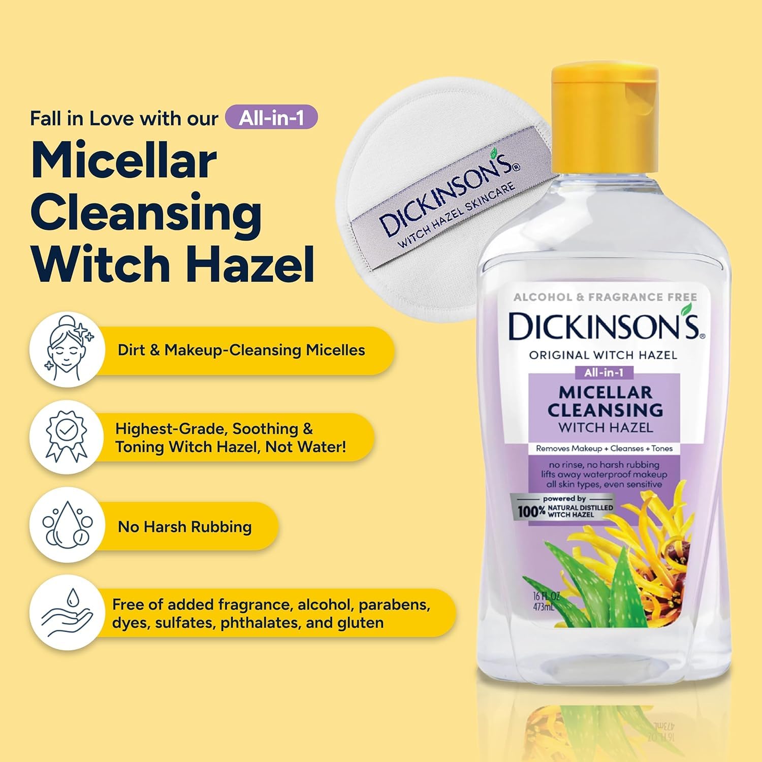 Dickinson's Micellar Cleansing Witch Hazel, An All-in-1 Makeup Remover, Pore Refiner, Skin Cleanser and Toner; Alcohol Free with Aloe, for Sensitive Skin, 16oz-Velvo Beauty